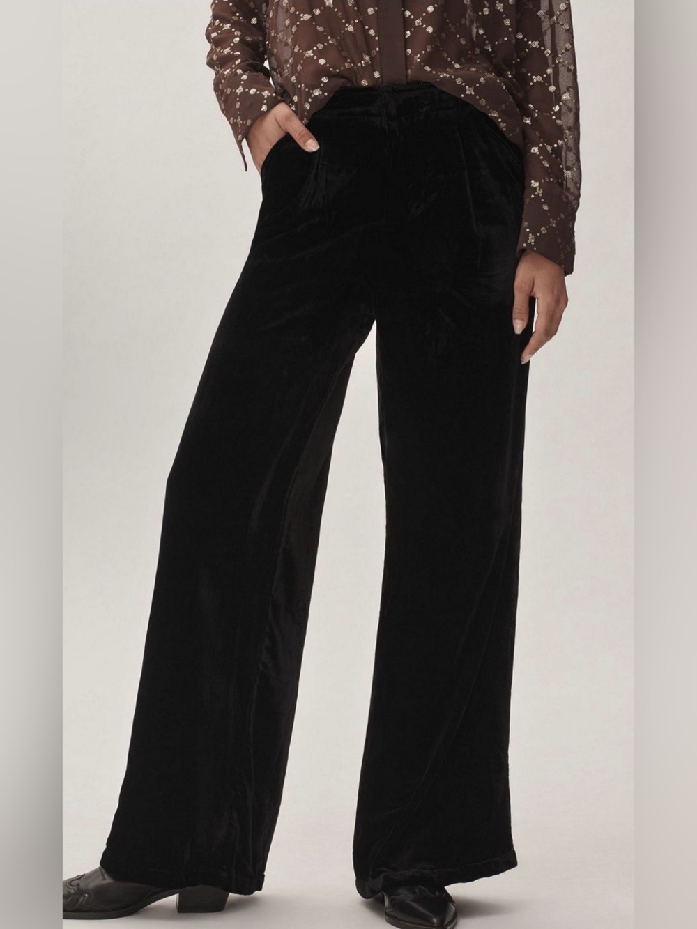 Anthropologie Black Wide-Leg Velvet Pants